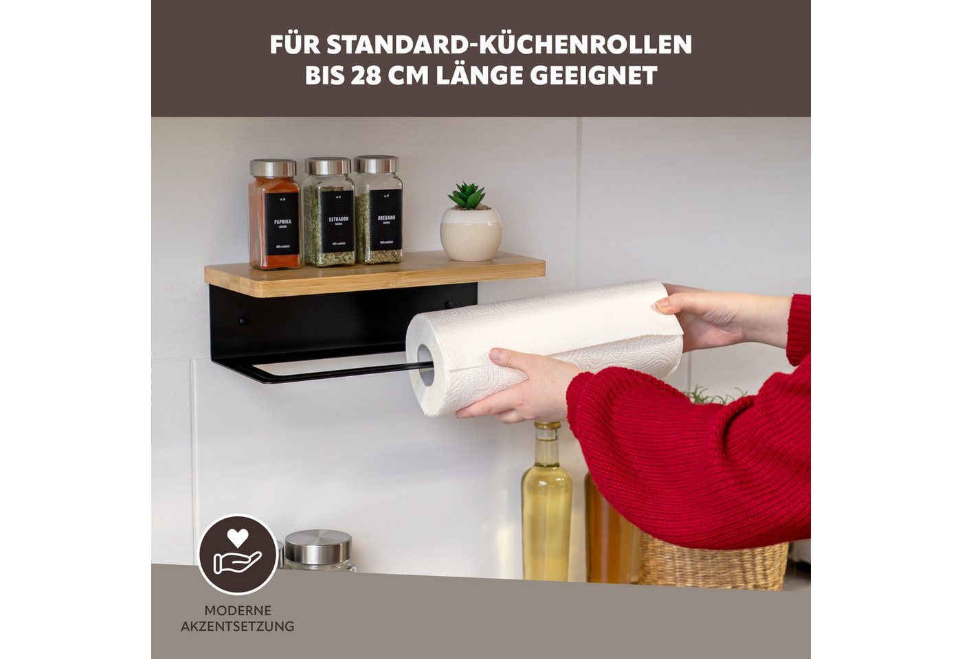 eluno Wandrollenhalter Küchenrollenhalter mit Bambusablage zur Wandmontage, (1-St., zum Kleben sowie Bohren), mit Bambusablage – Bild 5 von 5
