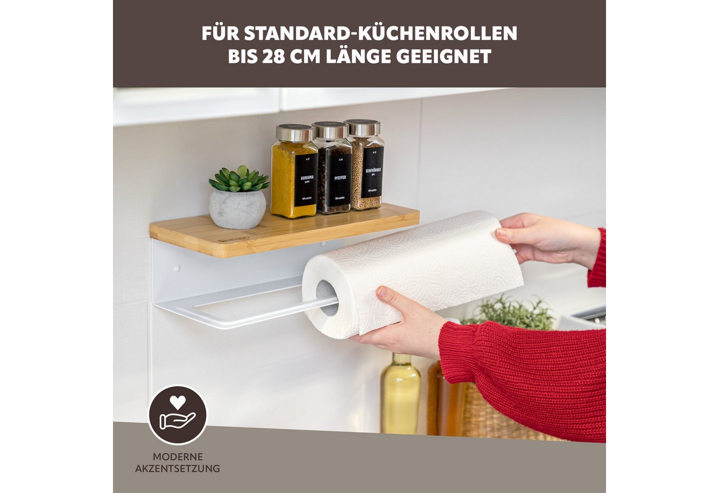 eluno Wandrollenhalter Küchenrollenhalter mit Bambusablage zur Wandmontage, (1-St., zum Kleben sowie Bohren), mit Bambusablage – Bild 5 von 5