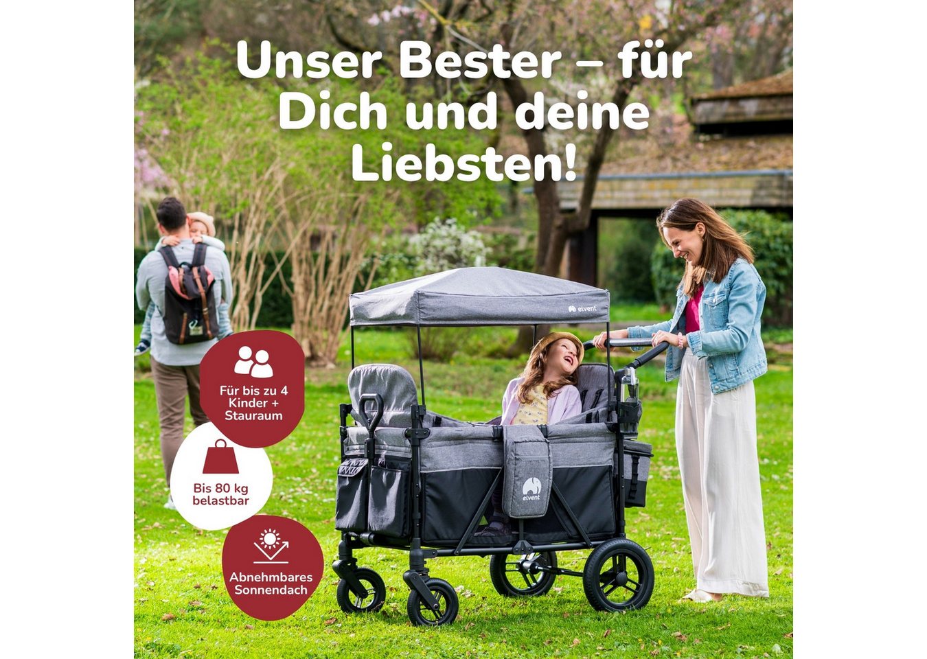 elvent Bollerwagen ComfortPlus 4, Kompakt faltbar, Für bis zu 4 Kinder, Ideal für Familien-Abenteuer – Bild 2 von 5
