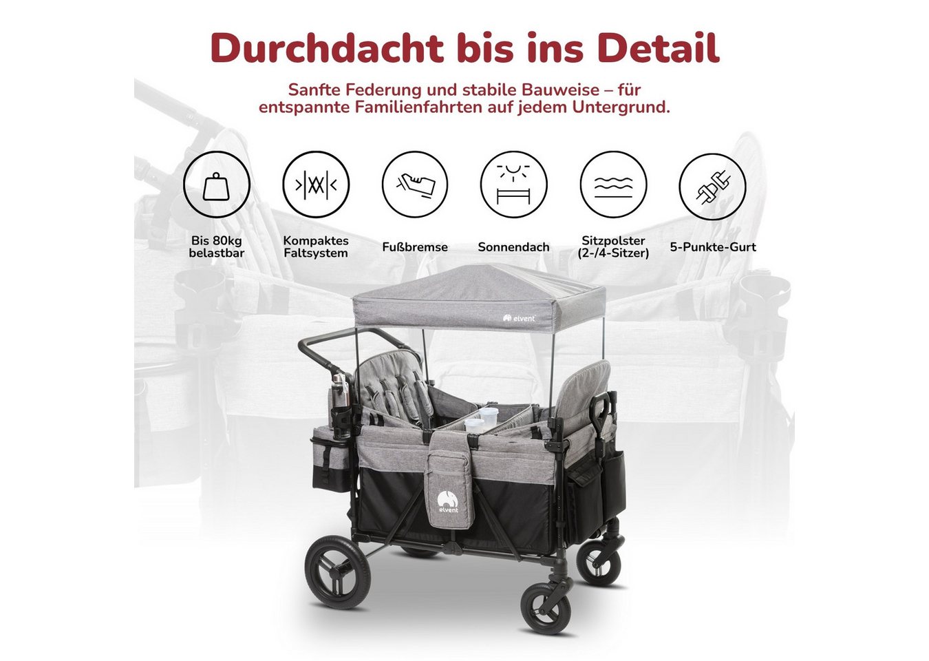 elvent Bollerwagen ComfortPlus 4, Kompakt faltbar, Für bis zu 4 Kinder, Ideal für Familien-Abenteuer – Bild 3 von 5