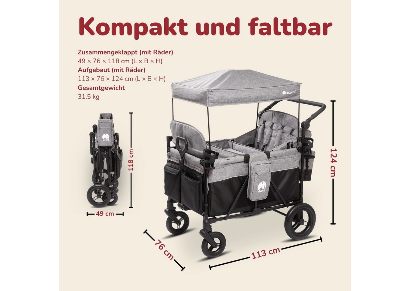 elvent Bollerwagen ComfortPlus 4, Kompakt faltbar, Für bis zu 4 Kinder, Ideal für Familien-Abenteuer – Bild 4 von 5