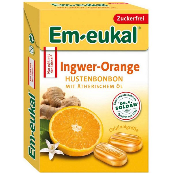 Em-eukal Süßigkeit, Em eukal Box Ingwer Orange Hustenbonbon Ätherische Öle zuckerfrei 50g