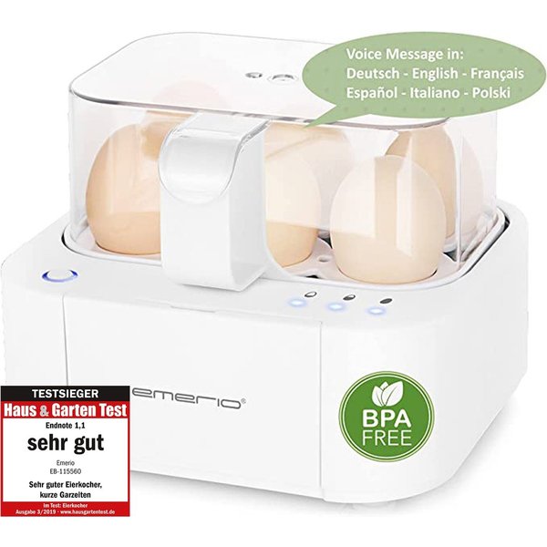 Emerio Eierkocher EB-115560.14 mit Sprachausgabe in 6 Sprachen (DE EN FR ES IT PL), Anzahl Eier: 6 St., 400 W