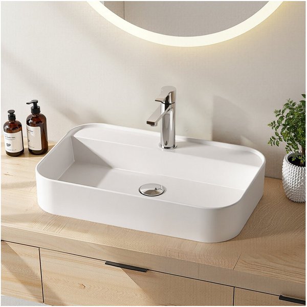 EMKE Aufsatzwaschbecken Eckiges Keramik KeramikAufsatzwaschbecken Hängewaschbecken 60cm x 40cm (Packung), mit hahnloch aufsatzwaschbecken groß - 50x40cm Weiß