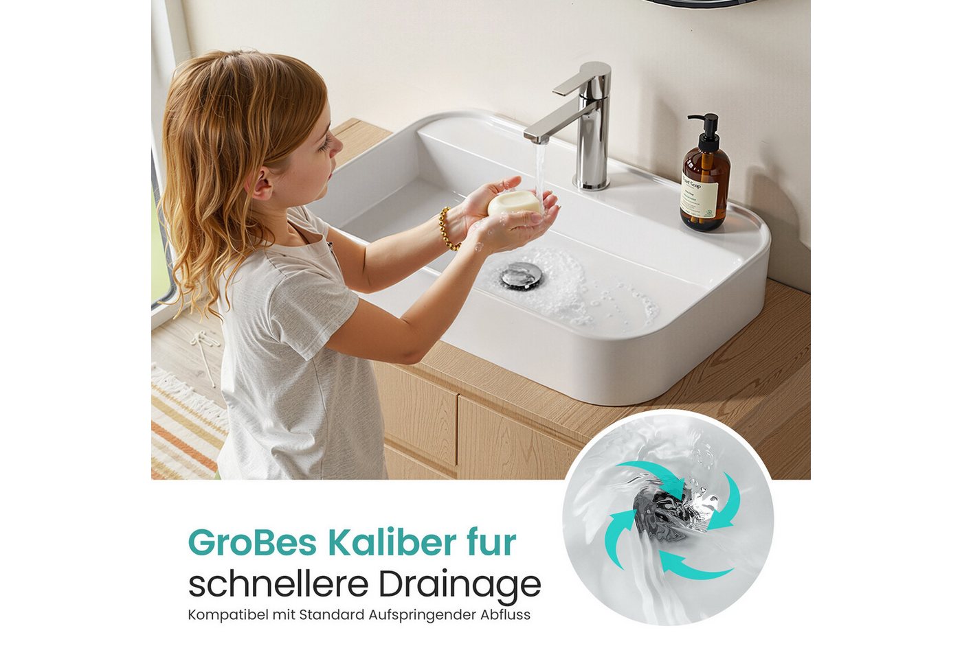 EMKE Aufsatzwaschbecken Eckiges Keramik KeramikAufsatzwaschbecken Hängewaschbecken 60cm x 40cm (Packung), mit hahnloch aufsatzwaschbecken groß - 50x40cm Weiß – Bild 2 von 5