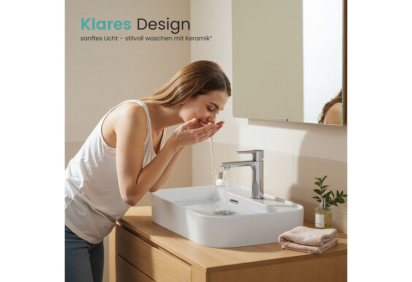 EMKE Aufsatzwaschbecken Eckiges Keramik KeramikAufsatzwaschbecken Hängewaschbecken 60cm x 40cm (Packung), mit hahnloch aufsatzwaschbecken groß - 50x40cm Weiß – Bild 3 von 5