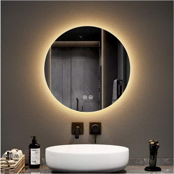 EMKE Badspiegel LED-Badspiegel rund, 3 Lichtfarben, dimmbar, Rahmenlos, indirekte Beleuchtung, Touch, Memory, Direktanschluss