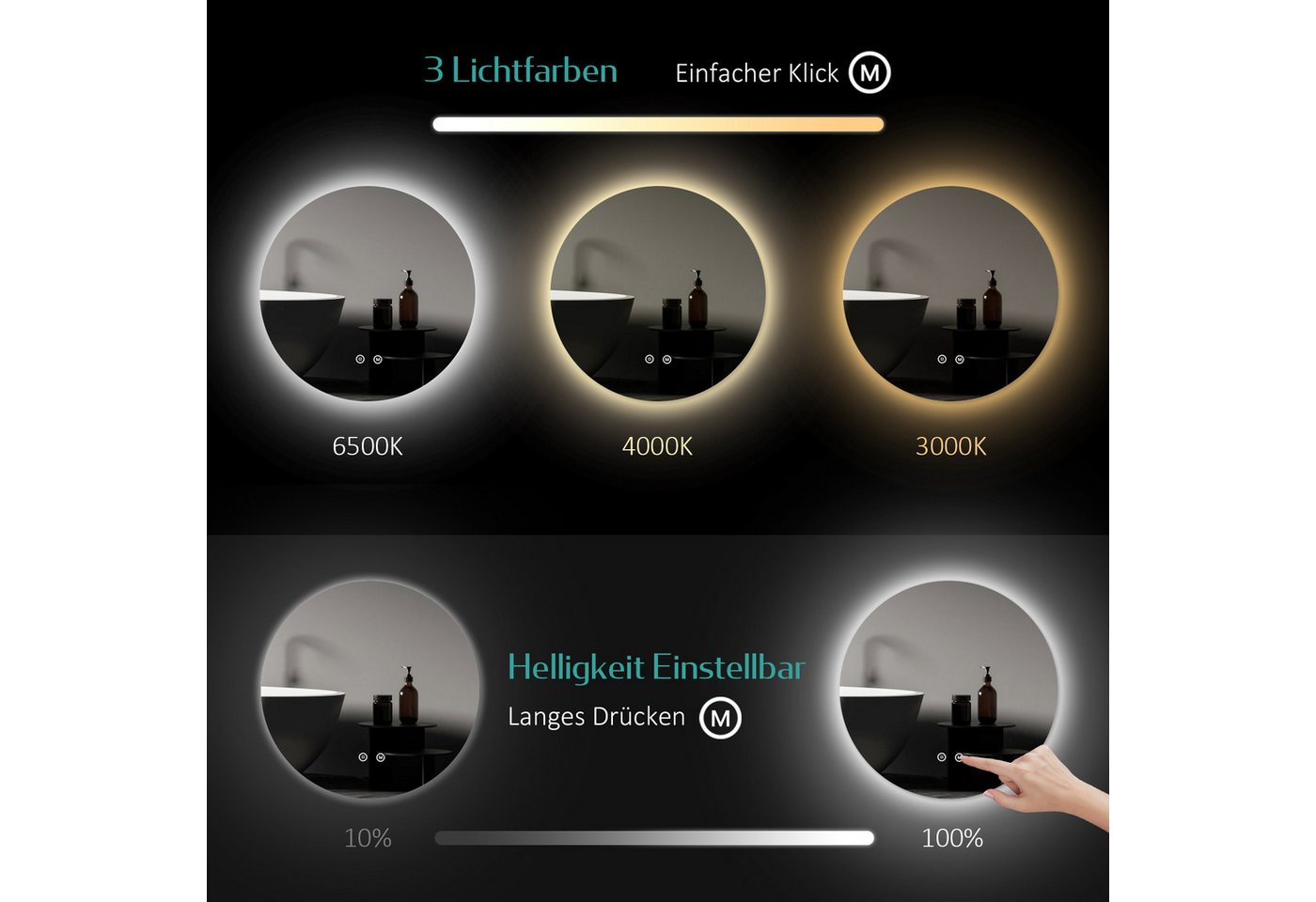 EMKE Badspiegel LED-Badspiegel rund, 3 Lichtfarben, dimmbar, Rahmenlos, indirekte Beleuchtung, Touch, Memory, Direktanschluss – Bild 2 von 5