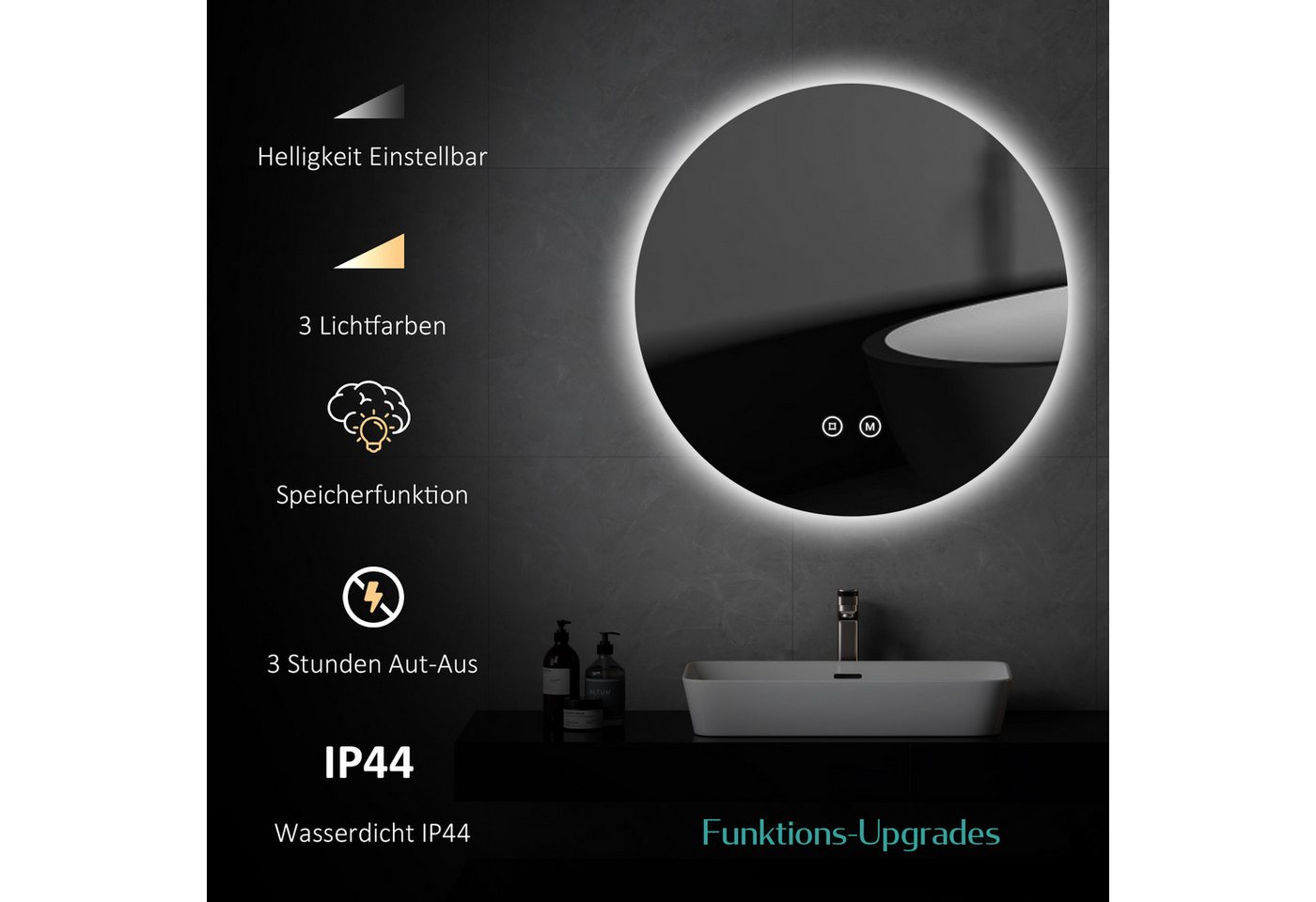 EMKE Badspiegel LED-Badspiegel rund, 3 Lichtfarben, dimmbar, Rahmenlos, indirekte Beleuchtung, Touch, Memory, Direktanschluss – Bild 3 von 5