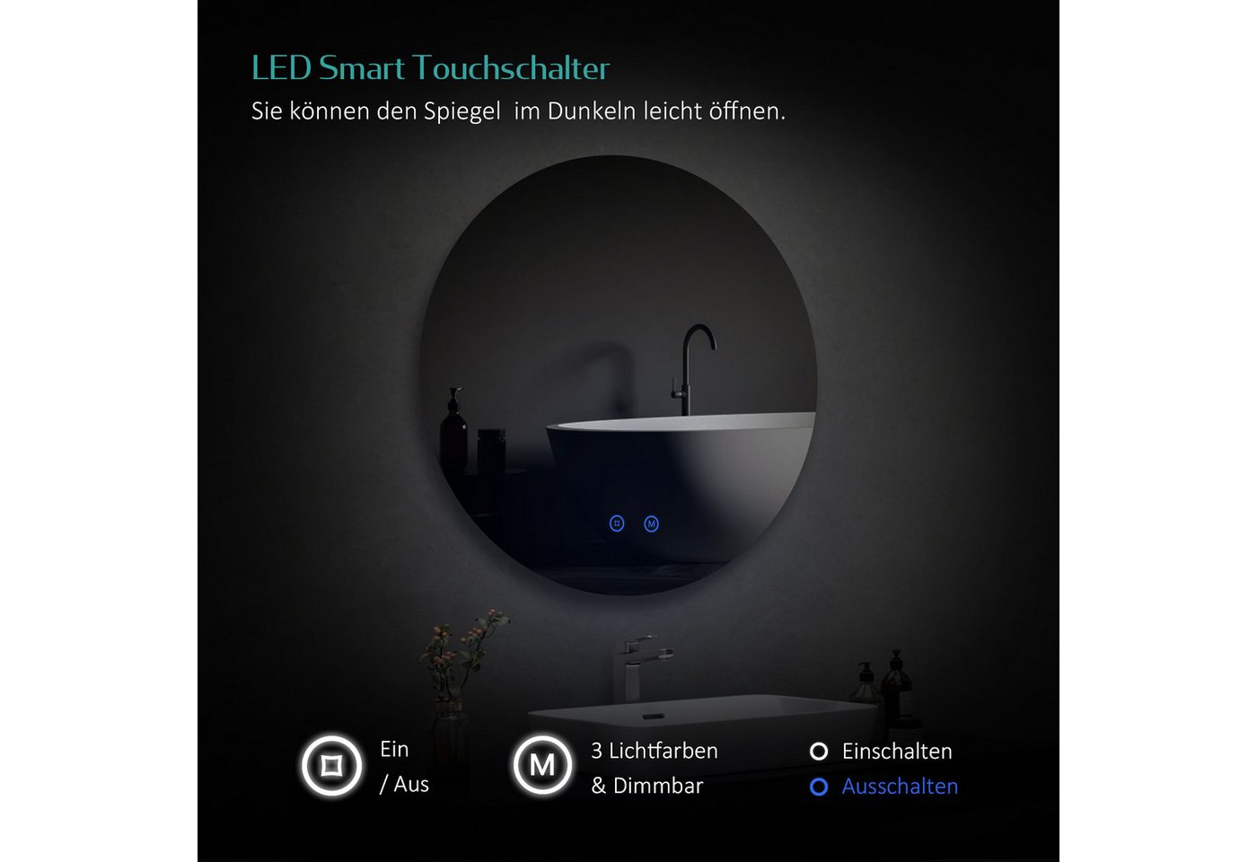EMKE Badspiegel LED-Badspiegel rund, 3 Lichtfarben, dimmbar, Rahmenlos, indirekte Beleuchtung, Touch, Memory, Direktanschluss – Bild 4 von 5