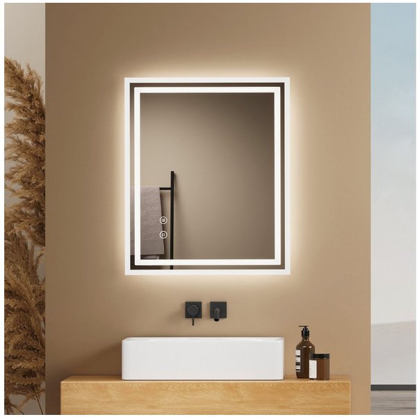 EMKE Badspiegel Badspiegel mit Beleuchtung, dimmbar, mit Antibeschlag, Kaltweiß, Touch, Memory, Auto-Aus, horizontal/vertikal, IP44, eckig 60 × 50 cm