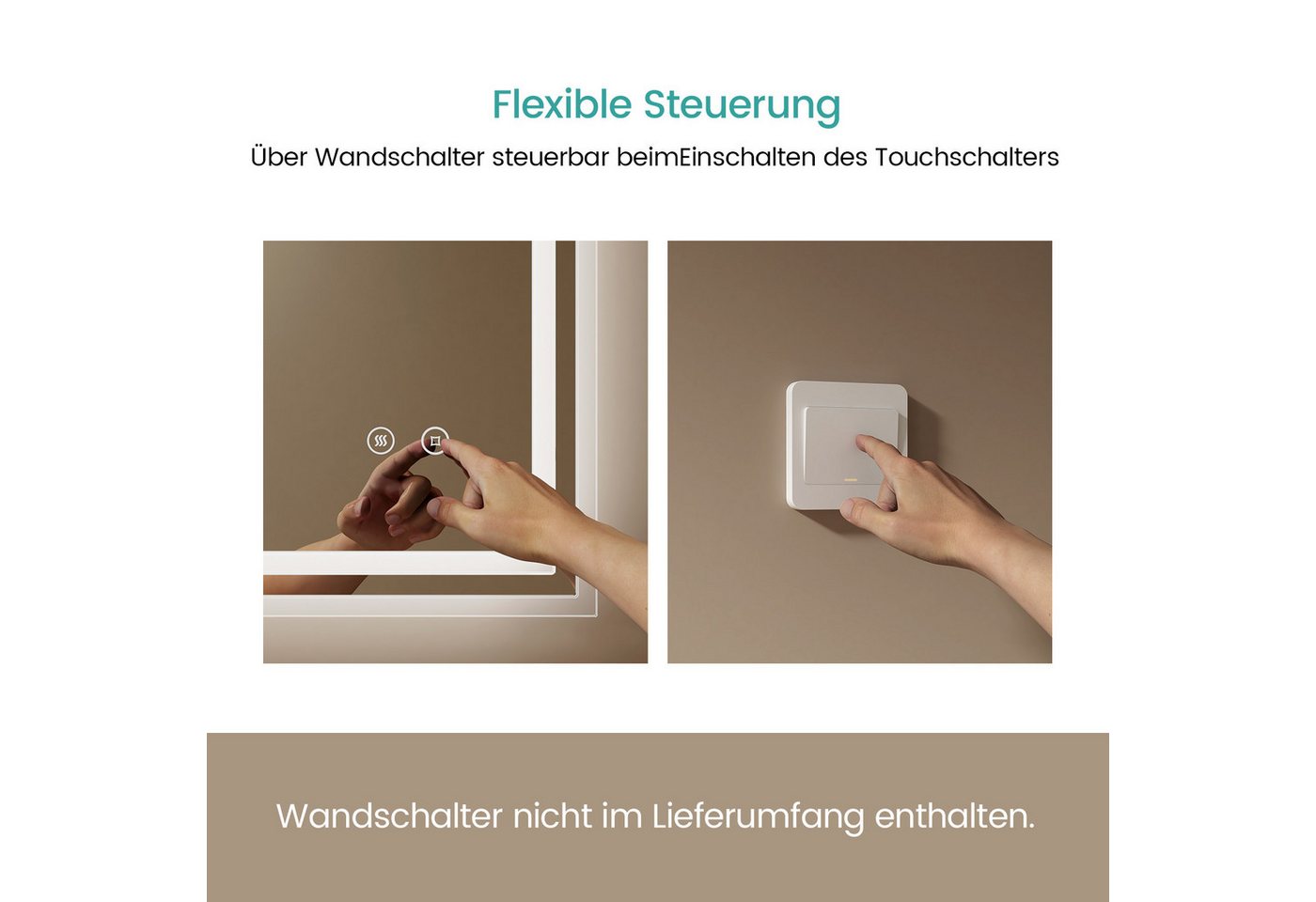 EMKE Badspiegel Badspiegel mit Beleuchtung, dimmbar, mit Antibeschlag, Kaltweiß, Touch, Memory, Auto-Aus, horizontal/vertikal, IP44, eckig 60 × 50 cm – Bild 2 von 5