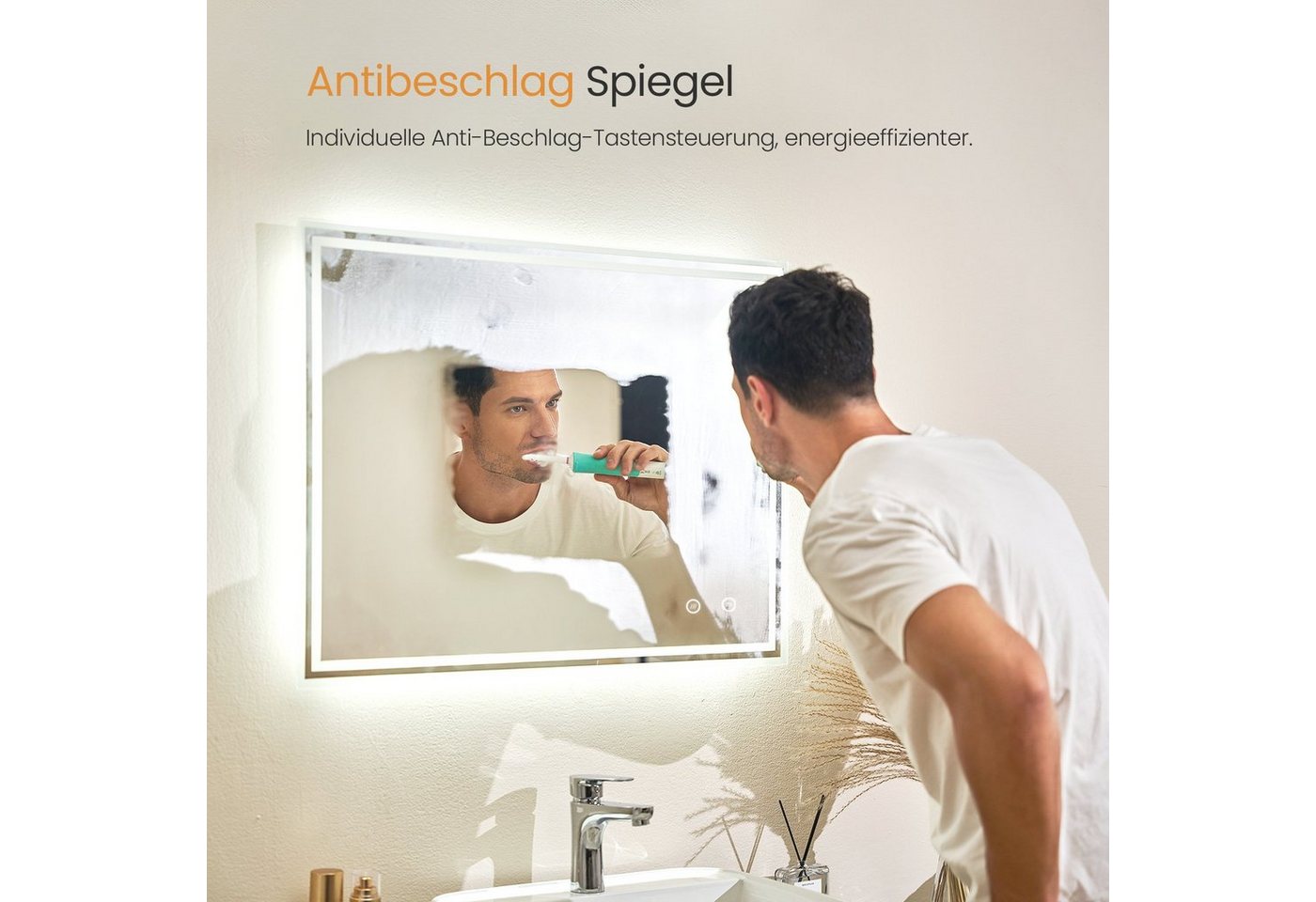 EMKE Badspiegel Badspiegel mit Beleuchtung, dimmbar, mit Antibeschlag, Kaltweiß, Touch, Memory, Auto-Aus, horizontal/vertikal, IP44, eckig 60 × 50 cm – Bild 3 von 5