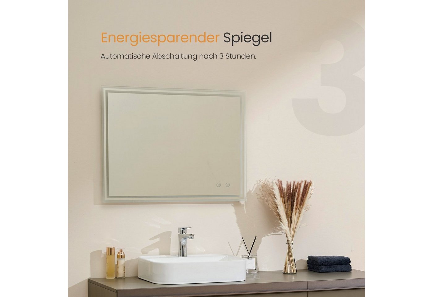 EMKE Badspiegel Badspiegel mit Beleuchtung, dimmbar, mit Antibeschlag, Kaltweiß, Touch, Memory, Auto-Aus, horizontal/vertikal, IP44, eckig 60 × 50 cm – Bild 5 von 5