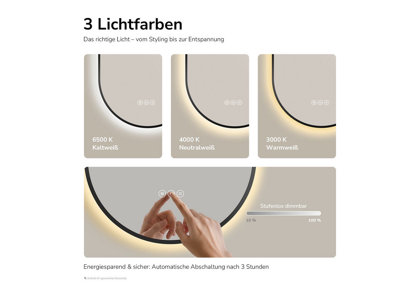 EMKE Badspiegel Oval mit LED-Beleuchtung, dimmbar, 3 Lichtfarben und Antibeschlag, 5mm kupferfrei Touch Memory IP65 – Bild 3 von 5