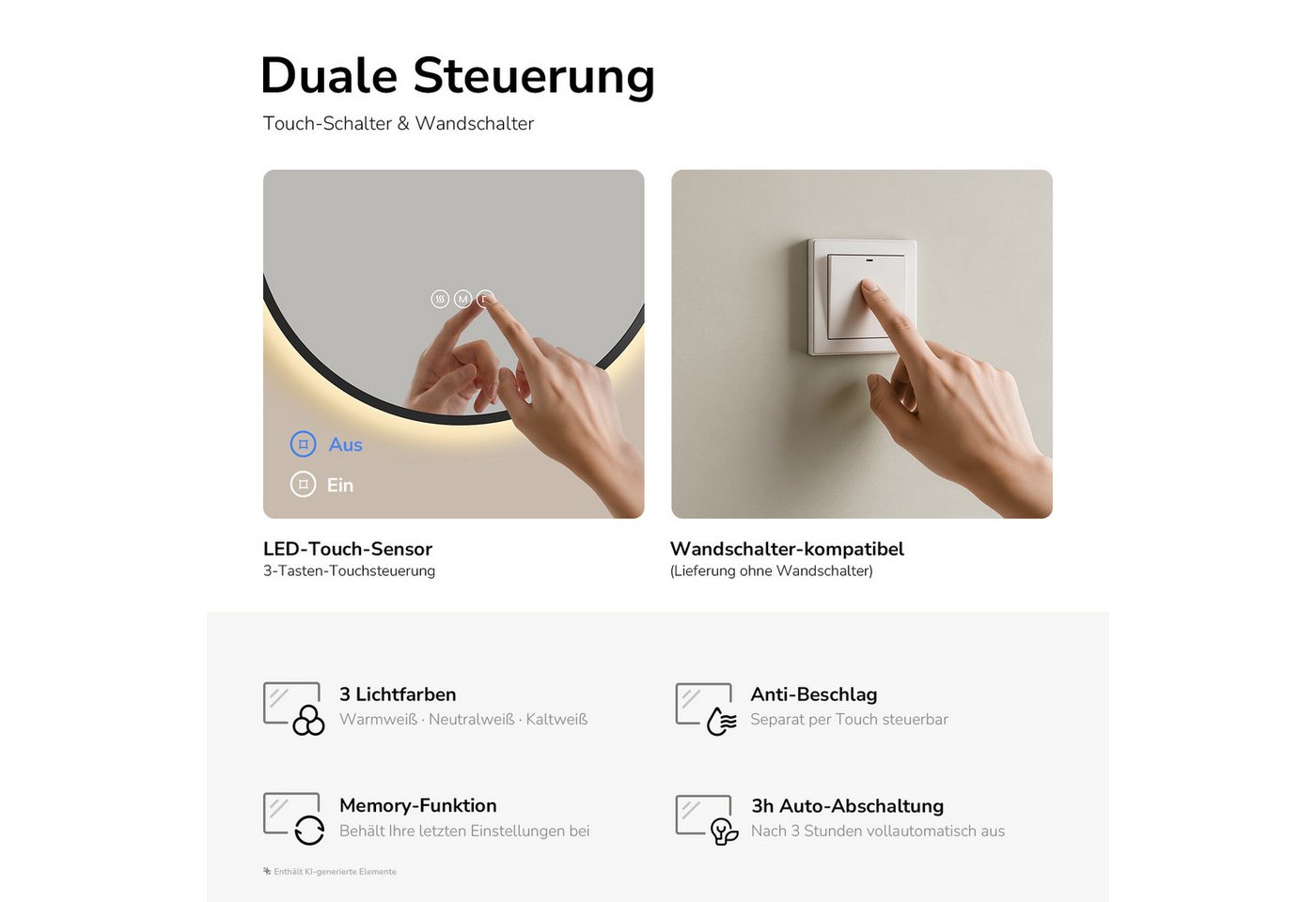 EMKE Badspiegel Oval mit LED-Beleuchtung, dimmbar, 3 Lichtfarben und Antibeschlag, 5mm kupferfrei Touch Memory IP65 – Bild 4 von 5