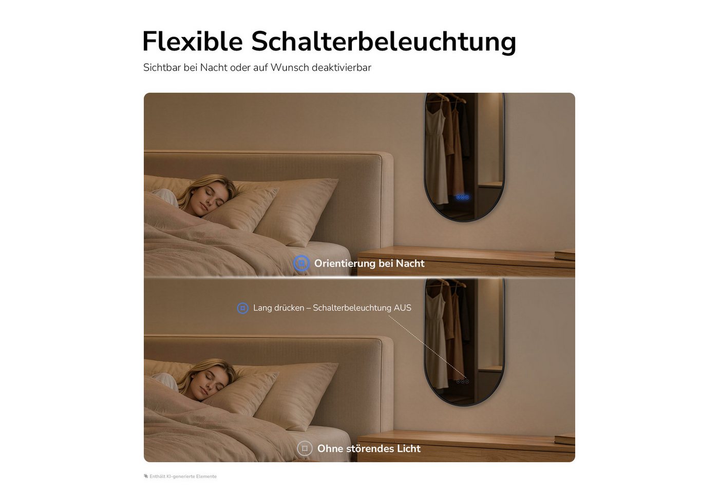 EMKE Badspiegel Oval mit LED-Beleuchtung, dimmbar, 3 Lichtfarben und Antibeschlag, 5mm kupferfrei Touch Memory IP65 – Bild 5 von 5