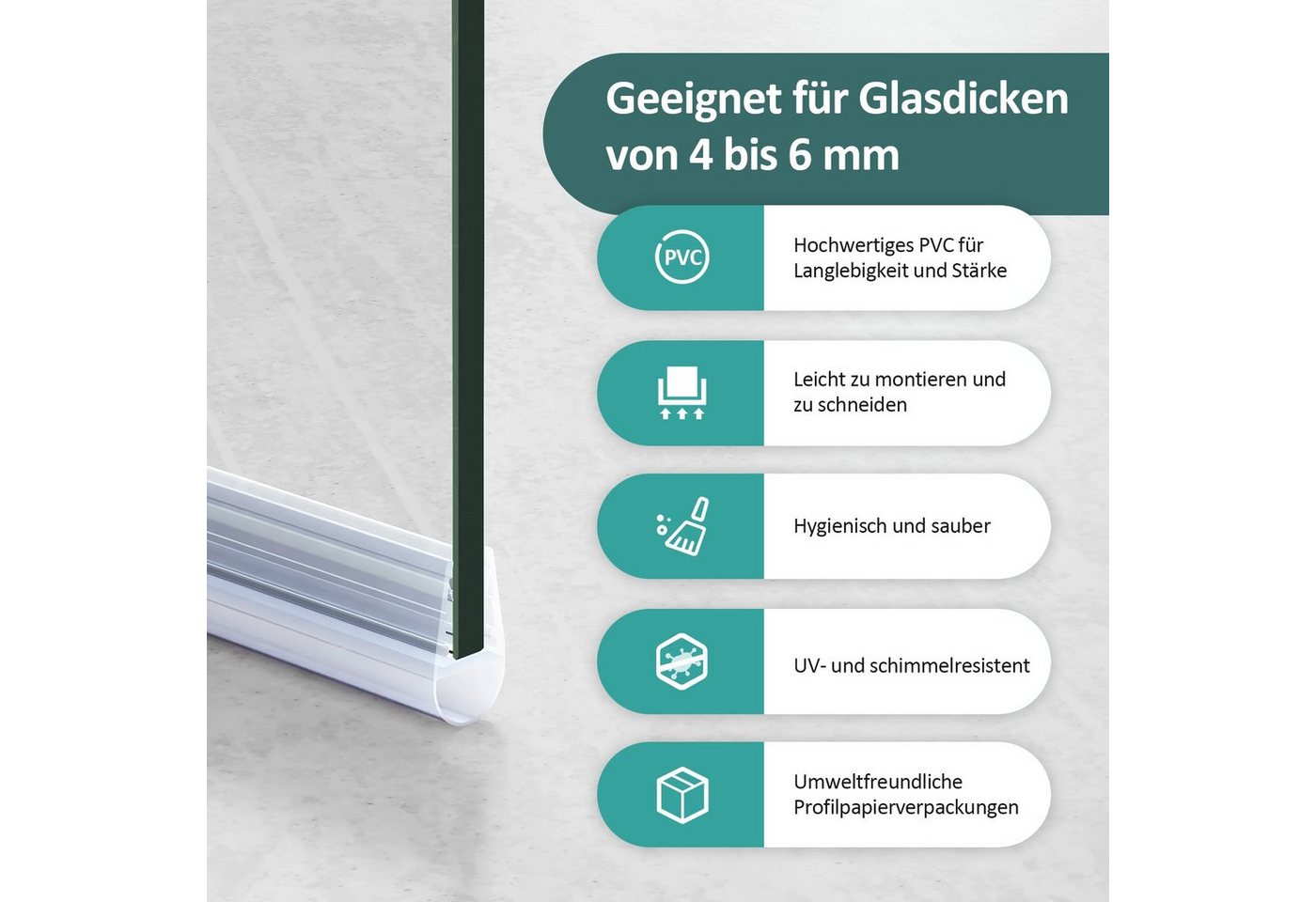 EMKE Duschdichtung Ersatzdichtung Wasserabweiser Duschdichtung, L: 60 cm, Schwallschutz Duschkabine Duschkabinenabdichtung – Bild 2 von 5