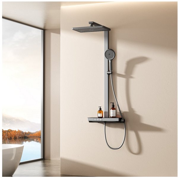EMKE Duschsystem DuschsäuleSet mit 40cm Thermostat Ablage Regendusche und Kopfbrause, Höhe 110 cm, 4 Strahlart(en), mit Brausegarnitur und Kopfbrause, 36cmx24cm