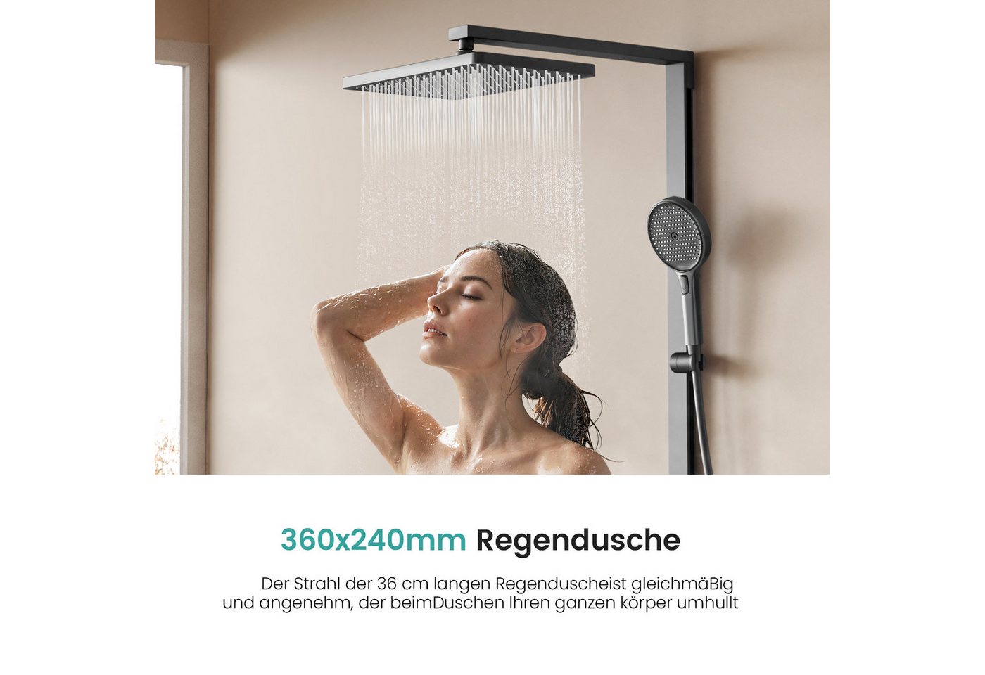 EMKE Duschsystem DuschsäuleSet mit 40cm Thermostat Ablage Regendusche und Kopfbrause, Höhe 110 cm, 4 Strahlart(en), mit Brausegarnitur und Kopfbrause, 36cmx24cm – Bild 2 von 5