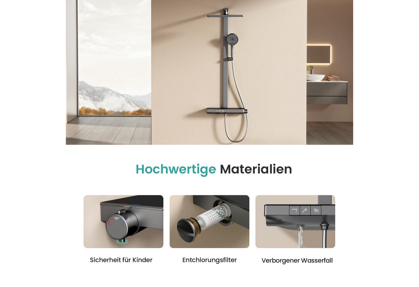 EMKE Duschsystem DuschsäuleSet mit 40cm Thermostat Ablage Regendusche und Kopfbrause, Höhe 110 cm, 4 Strahlart(en), mit Brausegarnitur und Kopfbrause, 36cmx24cm – Bild 5 von 5