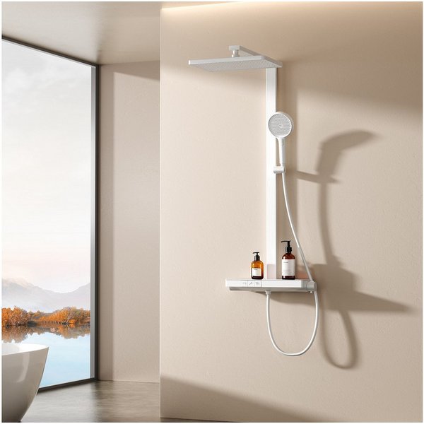 EMKE Duschsystem DuschsäuleSet mit 40cm Thermostat Ablage Regendusche und Kopfbrause, Höhe 110 cm, 4 Strahlart(en), mit Brausegarnitur und Kopfbrause, 36cmx24cm