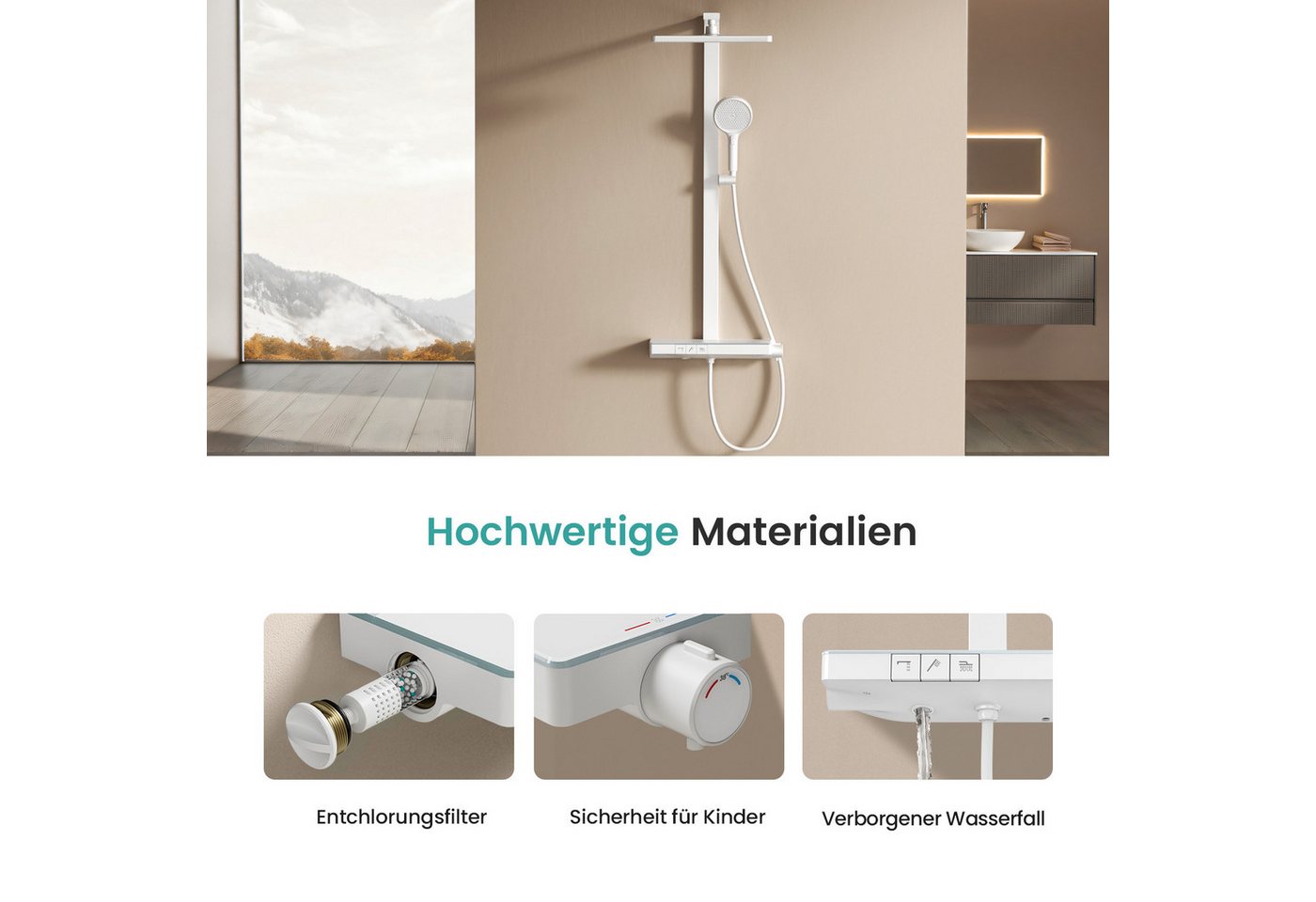 EMKE Duschsystem DuschsäuleSet mit 40cm Thermostat Ablage Regendusche und Kopfbrause, Höhe 110 cm, 4 Strahlart(en), mit Brausegarnitur und Kopfbrause, 36cmx24cm – Bild 5 von 5