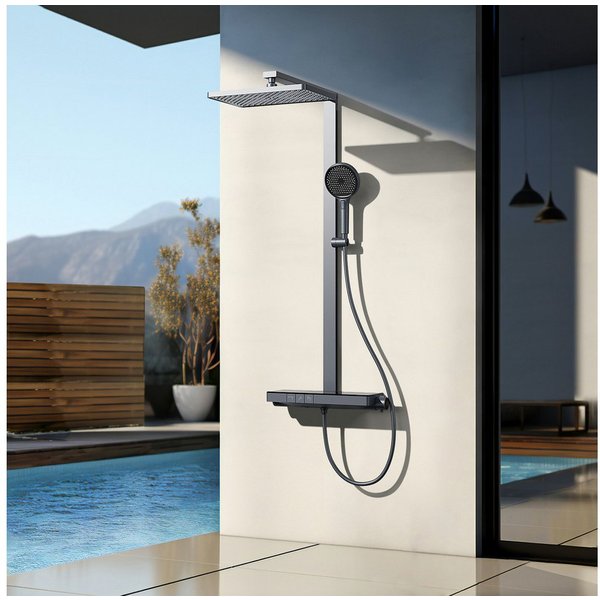 EMKE Duschsystem mit 40cm Glas Thermostat Ablage Home Duschstange aus Messing Set, Höhe 110 cm, 4 Strahlart(en), Set, Brauseschlauch,Thermostat mit Brausegarnit