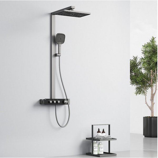 EMKE Duschsystem mit Thermostat, Regendusche und Handbrause – Höhenverstellbare, Höhe 112 cm, 3 Strahlart(en), 36x24 cm Regendusche Handbrause, Brausestange und