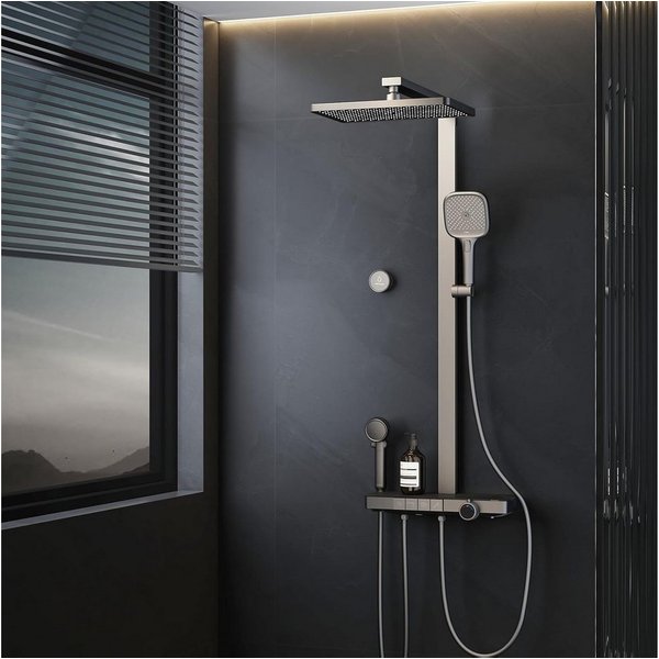 EMKE Duschsystem mit Thermostat, Regendusche mit Ablage, Anti-Kalk, Bluetooth-Steuerung, Höhe 113 cm, 4 Strahlart(en), Regendusche,Kinderdusche,Bluetooth,Anthra