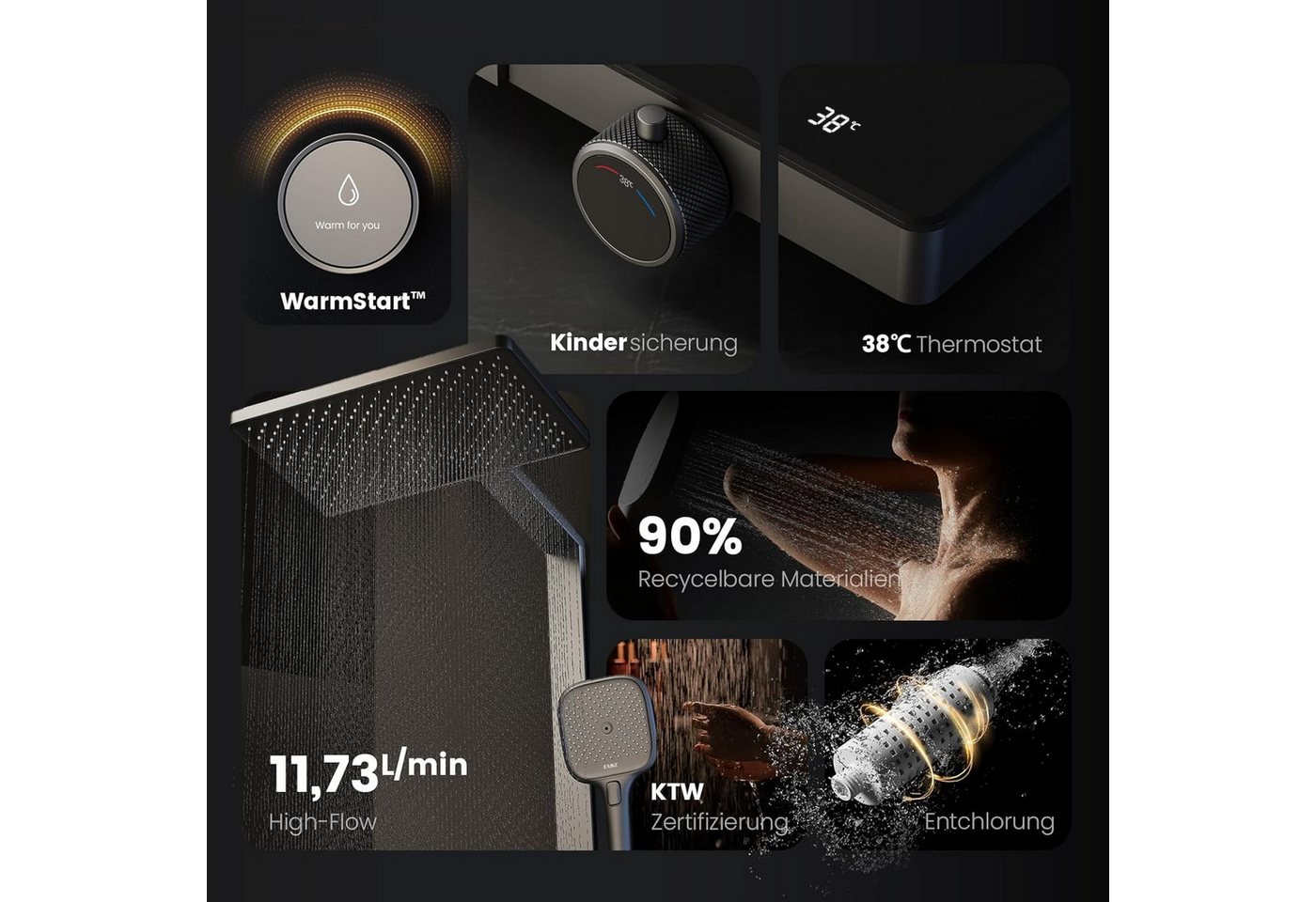 EMKE Duschsystem mit Thermostat, Regendusche mit Ablage, Anti-Kalk, Bluetooth-Steuerung, Höhe 113 cm, 4 Strahlart(en), Regendusche,Kinderdusche,Bluetooth,Anthra – Bild 2 von 5