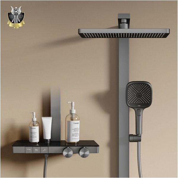 EMKE Duschsystem mit Thermostat Regendusche und Handbrause Messing Duschsäule, Thermostat Duschsystem mit Handbrause, 4 Funktionen Messing