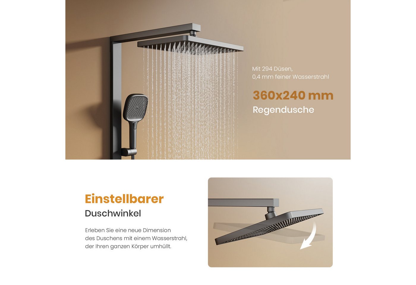 EMKE Duschsystem mit Thermostat Regendusche und Handbrause Messing Duschsäule, Thermostat Duschsystem mit Handbrause, 4 Funktionen Messing – Bild 2 von 5