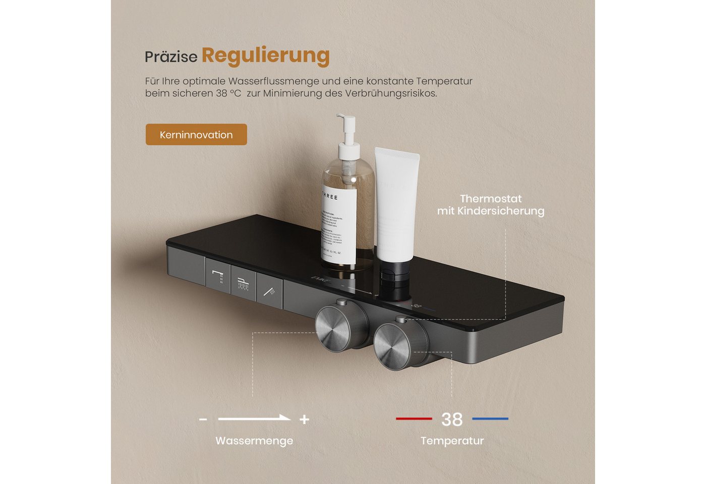 EMKE Duschsystem mit Thermostat Regendusche und Handbrause Messing Duschsäule, Thermostat Duschsystem mit Handbrause, 4 Funktionen Messing – Bild 4 von 5