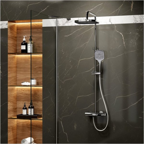EMKE Duschsystem Thermostat Duschset,Duschsäule Set mit Regal mit Überkopfbrause, Handbrause mit 3 Strahlstärken, Regendusche, Chrom