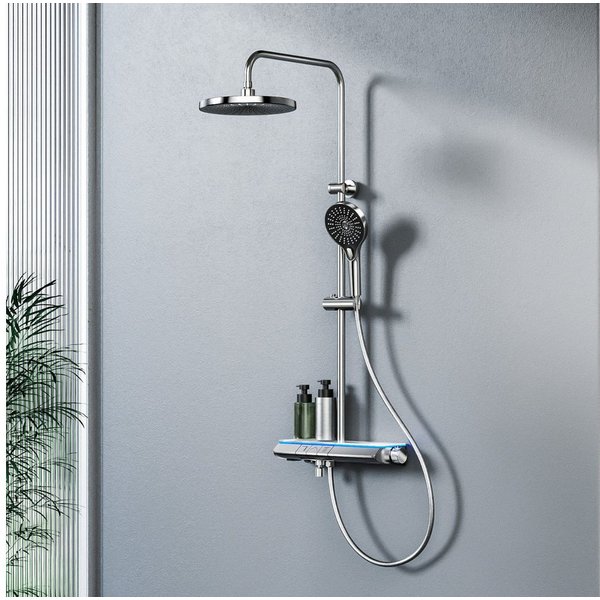 EMKE Duschsystem Thermostat Duschsystem Rund, Regendusche Set mit Ambiente-Licht, 3 Strahlart(en), Stangenbrause-Set Home Thermostat Duschset mit Duschstange