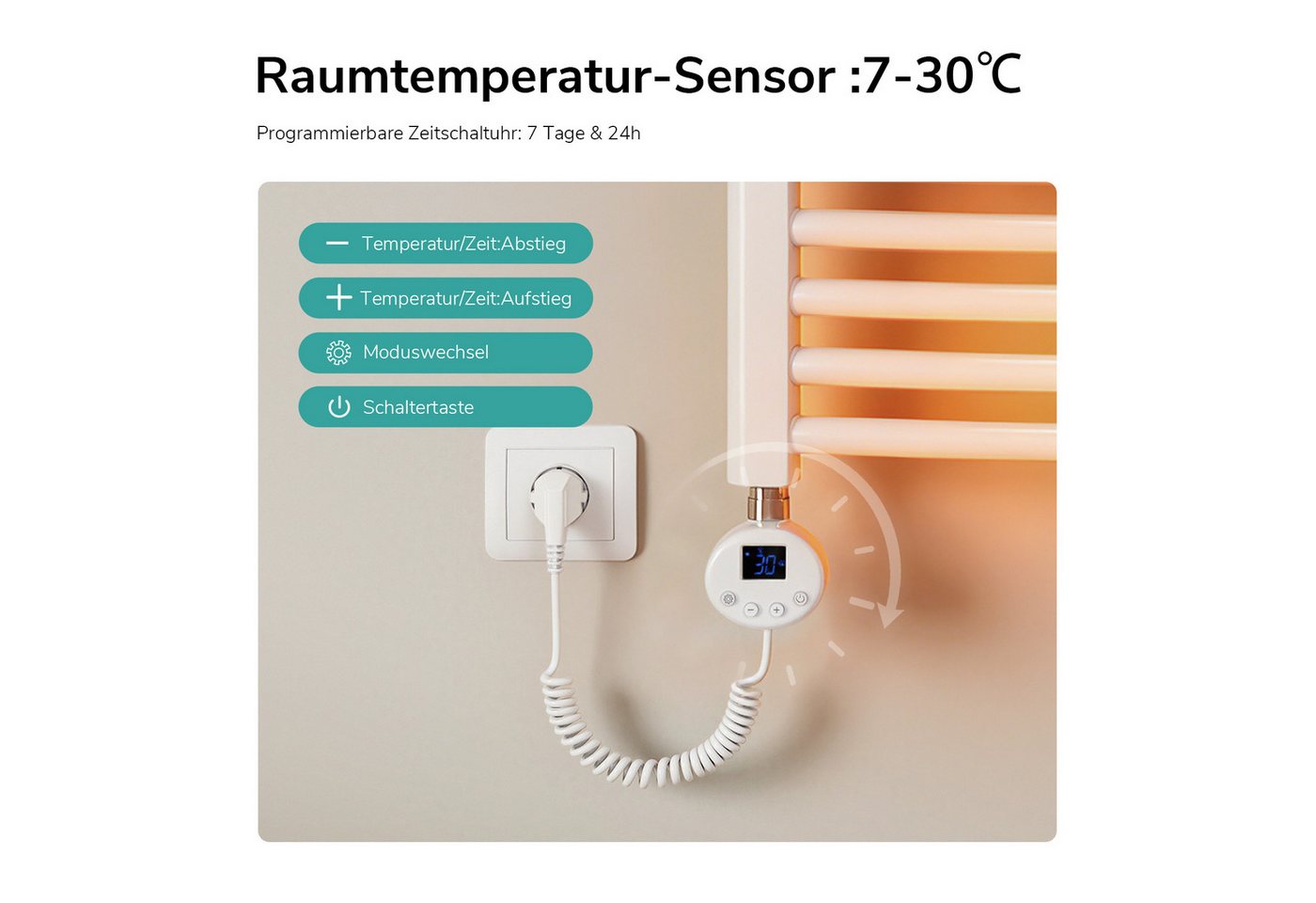 EMKE Elektrischer Badheizkörper Gebogen mit WiFi APP Steuerung Thermostat Höhe: 75cm, 300W, 4 Heizmodi 7-Tage-Timer, Boost & Frostschutz Handtuchwörmer – Bild 2 von 5