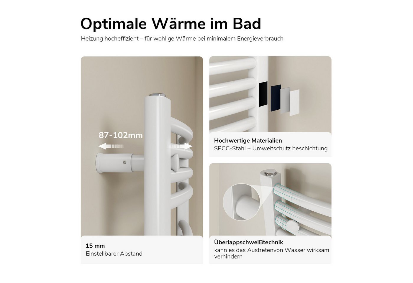 EMKE Elektrischer Badheizkörper Gebogen mit WiFi APP Steuerung Thermostat Höhe: 75cm, 300W, 4 Heizmodi 7-Tage-Timer, Boost & Frostschutz Handtuchwörmer – Bild 3 von 5