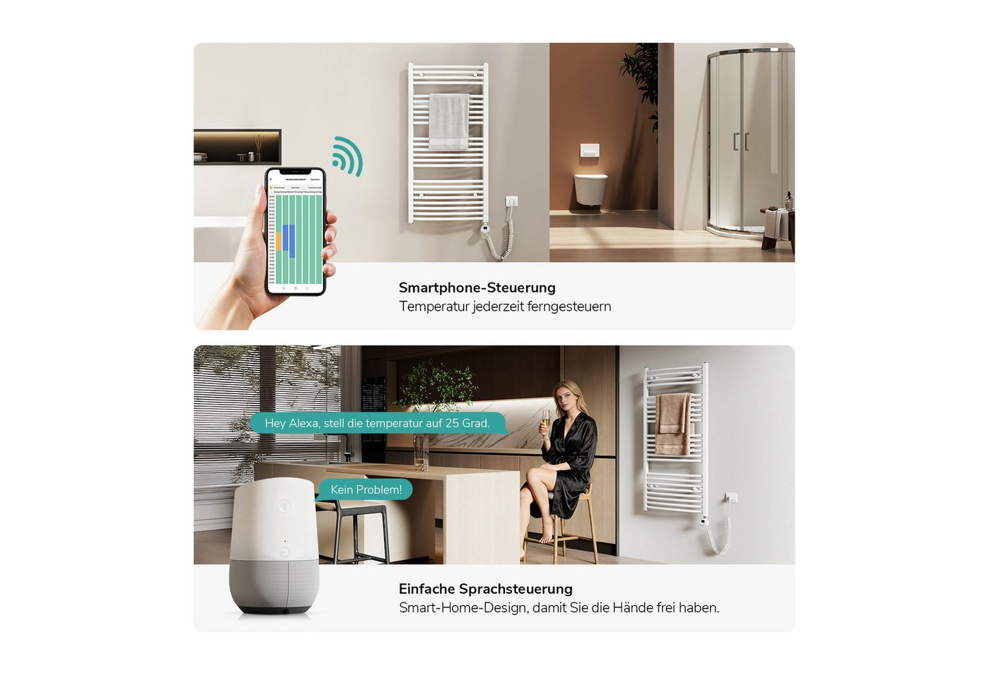 EMKE Elektrischer Badheizkörper Gebogen mit WiFi APP Steuerung Thermostat Höhe: 75cm, 300W, 4 Heizmodi 7-Tage-Timer, Boost & Frostschutz Handtuchwörmer – Bild 5 von 5
