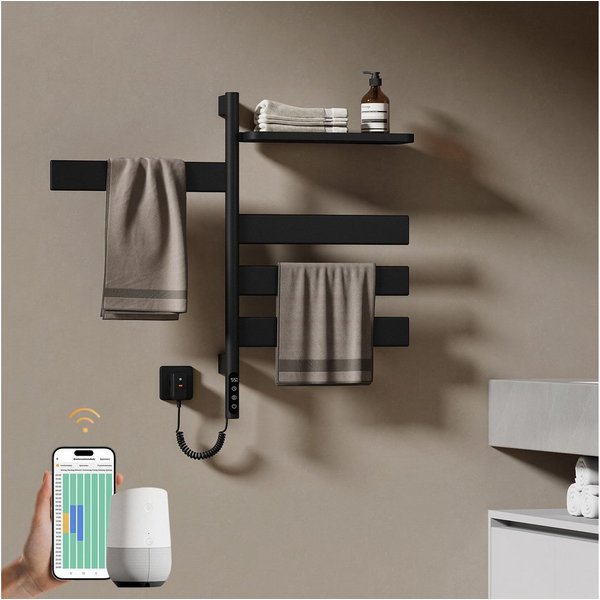 EMKE Elektrischer Badheizkörper Handtuchheizkörper, 180° drehbar, mit WLAN-, App- und Sprachsteuerung, Timer 1–24 h, 30–70 °C, IP45, FI-Schutzstecker, 76,9 × 45