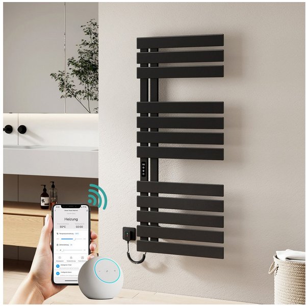 EMKE Elektrischer Badheizkörper Handtuchtrockner mit Smart Thermostat WLAN-/App-Steuerung Timer, Ausführung Link/recht Designheizkörper Flach Badheizkörper 135×
