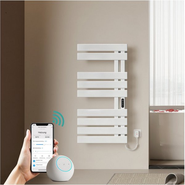 EMKE Elektrischer Badheizkörper Handtuchtrockner mit Smart Thermostat WLAN-/App-Steuerung Timer, Handtuchtrockner Flach Badheizkörper Links 100×50 cm Weiß