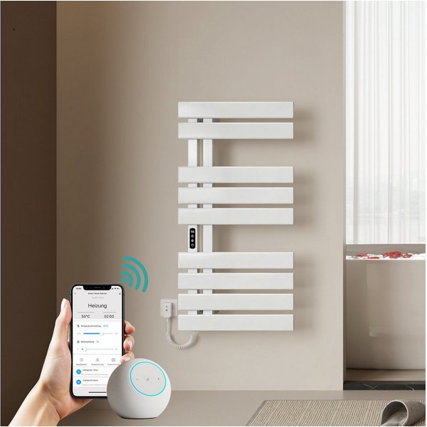 EMKE Elektrischer Badheizkörper Handtuchtrockner mit Smart Thermostat WLAN-/App-Steuerung Timer, Handtuchtrockner Flach Badheizkörper Links 100×50 cm Weiß