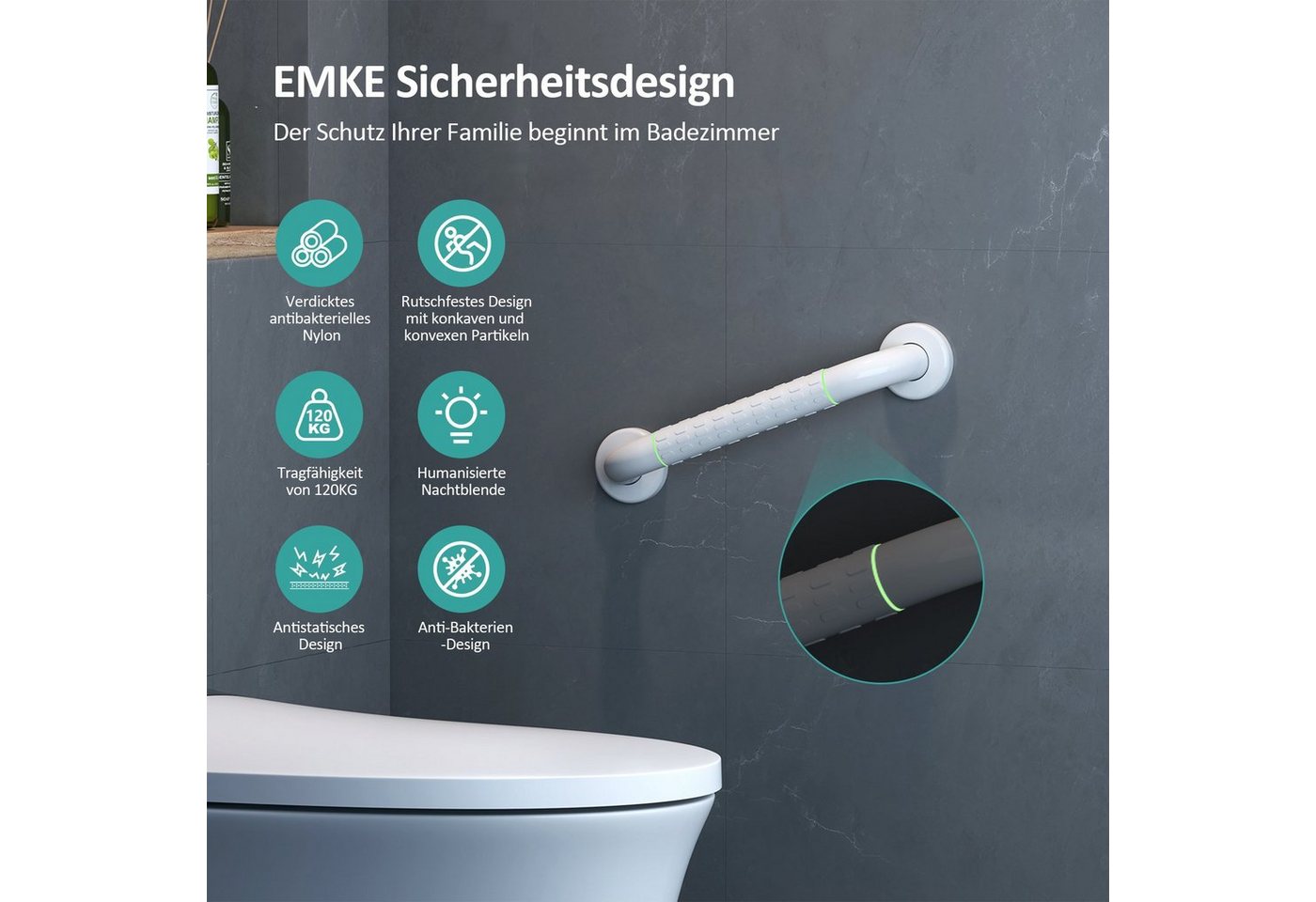 EMKE Haltegriff mit Nylon-Leuchtring, Badezimmer-rutschfester Bad haltegriff, 30 cm / 40 cm / 50 cm, Weiß, Aluminium-Kern, Nachtleuchtfunktion – Bild 2 von 5