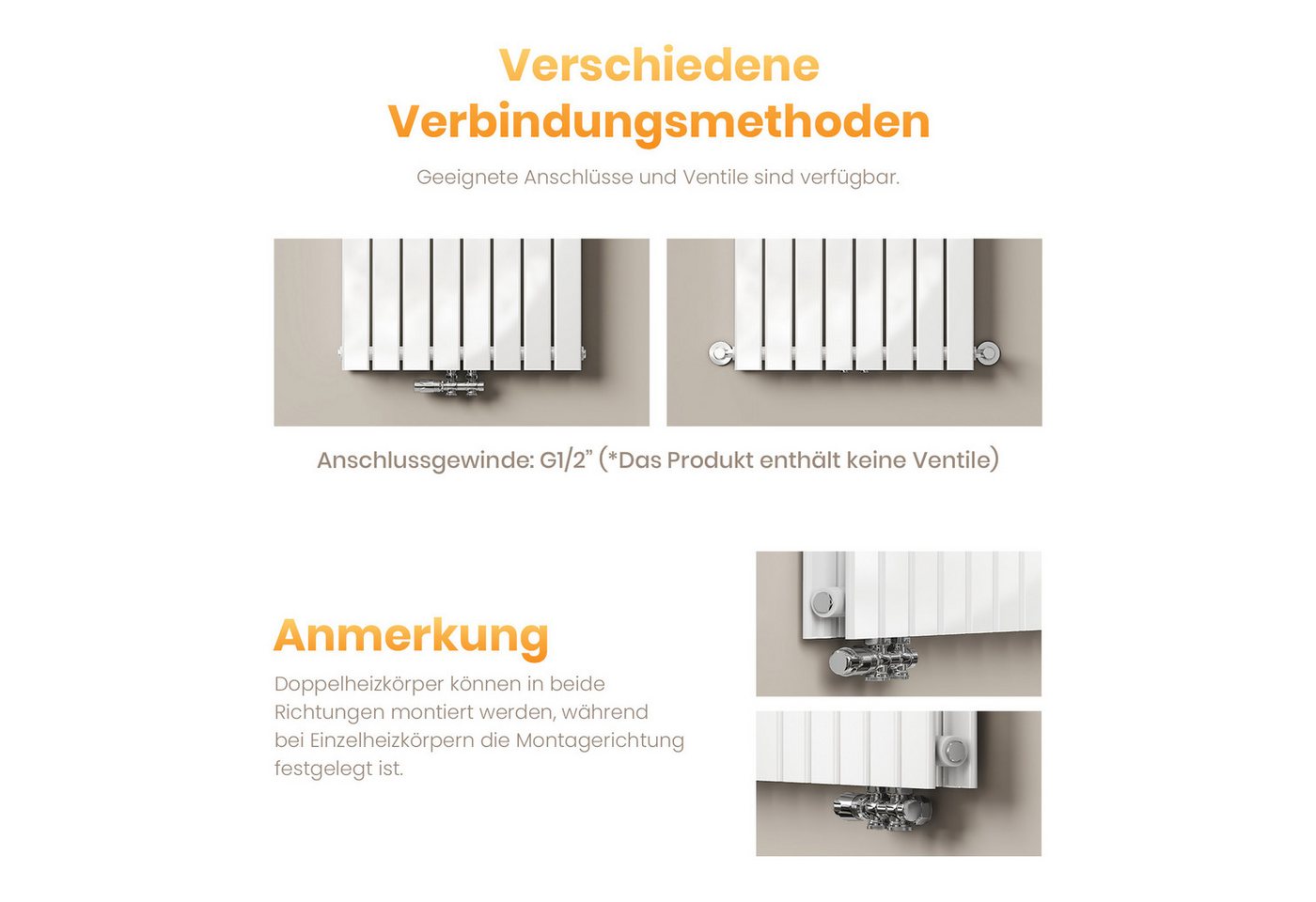 EMKE Heizkörper Anthrazit/Weiß Einlagig Flach Design Paneelheizkörper Breite: 30cm, Vertikal, Mittelanschluss 210W für 3qm Raum – Bild 4 von 5