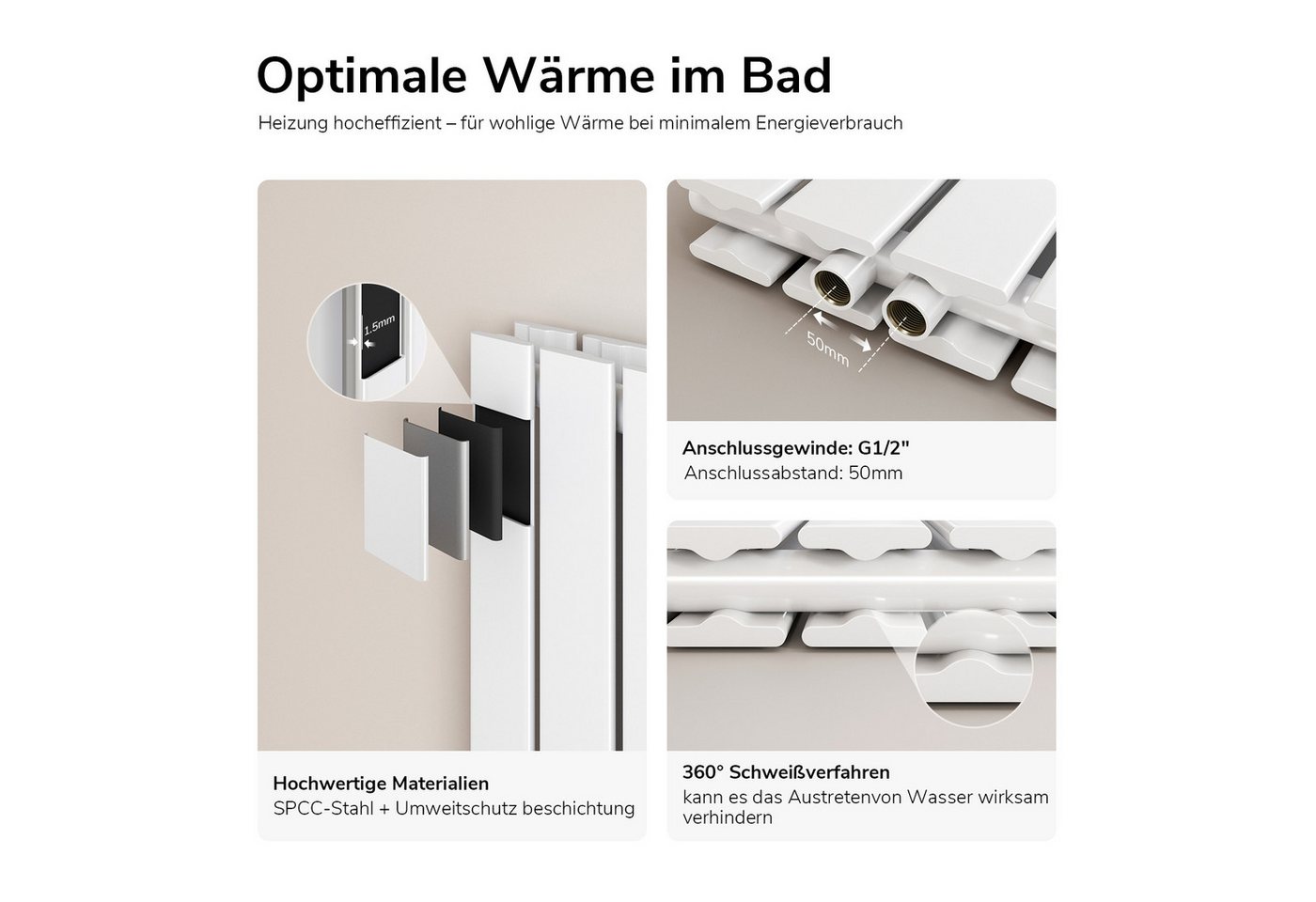 EMKE Heizkörper Doppellagig Flach Horizontal Design Paneelheizkörper, Seitenanschluss Weiß 805W für 7qm Raum – Bild 3 von 5