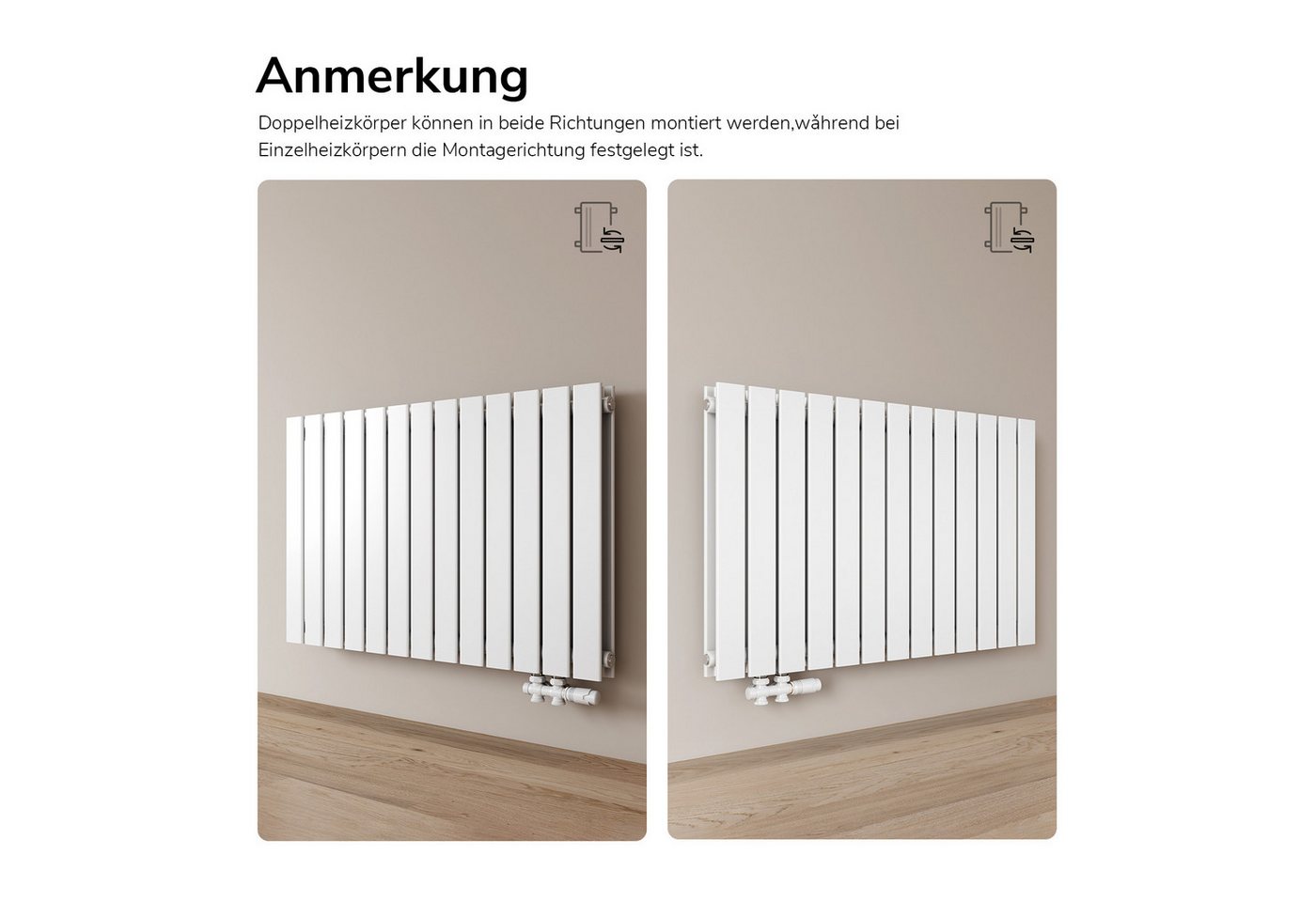 EMKE Heizkörper Doppellagig Flach Horizontal Design Paneelheizkörper, Seitenanschluss Weiß 805W für 7qm Raum – Bild 4 von 5