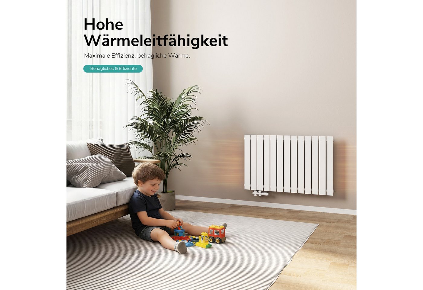EMKE Heizkörper Einlagig Flach Horizontal Design Paneelheizkörper Höhe: 63cm, Seitenanschluss Weiß – Bild 2 von 5