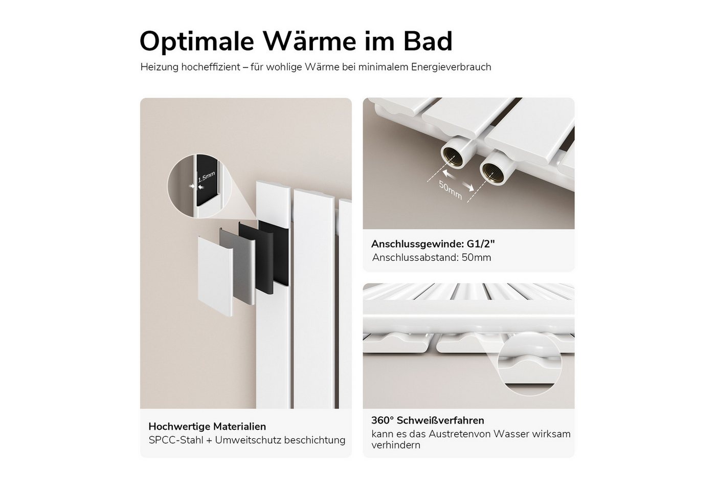 EMKE Heizkörper Einlagig Flach Horizontal Design Paneelheizkörper Höhe: 63cm, Seitenanschluss Weiß – Bild 3 von 5