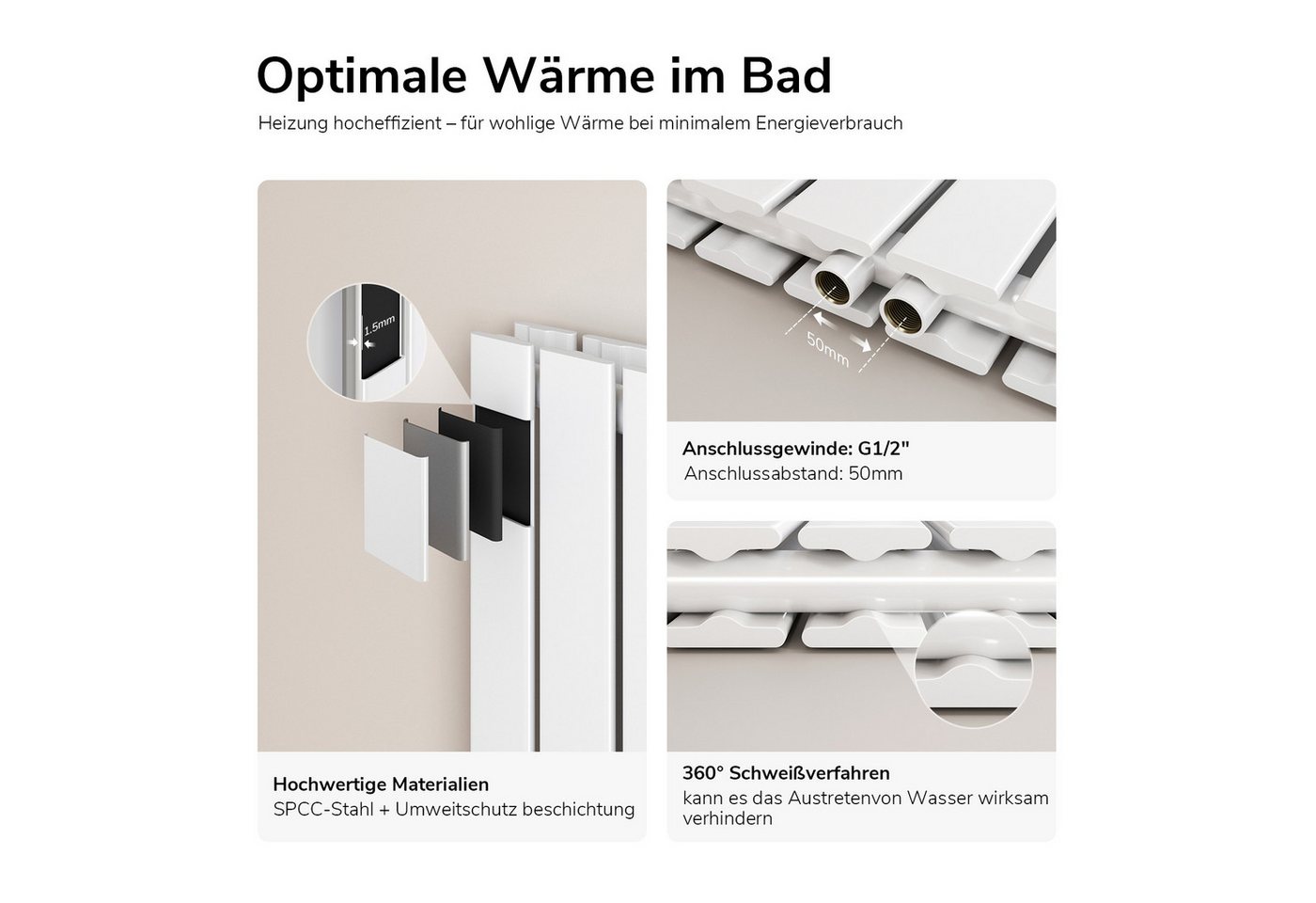 EMKE Heizkörper Flach Vertikal Doppellagig Design Paneelheizkörper Höhe: 160/180cm, 2166W für 20qm Raum Mittelanschluss Weiß – Bild 3 von 5